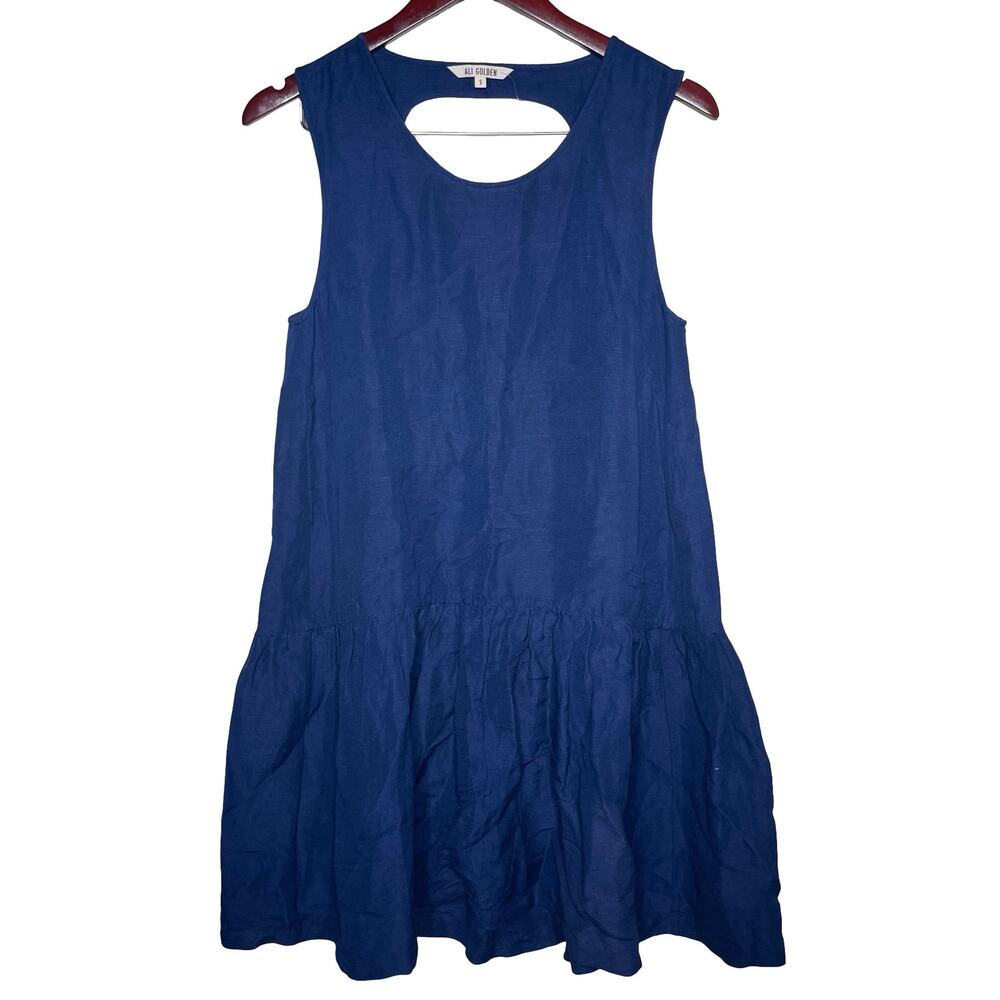 Ali Golden Navy Blue Keyhole back linen blend drop waist sleeveless Dress sz S